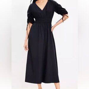 LOFT Striped Tie Puff Sleeve Midi Dress in Black size medium
